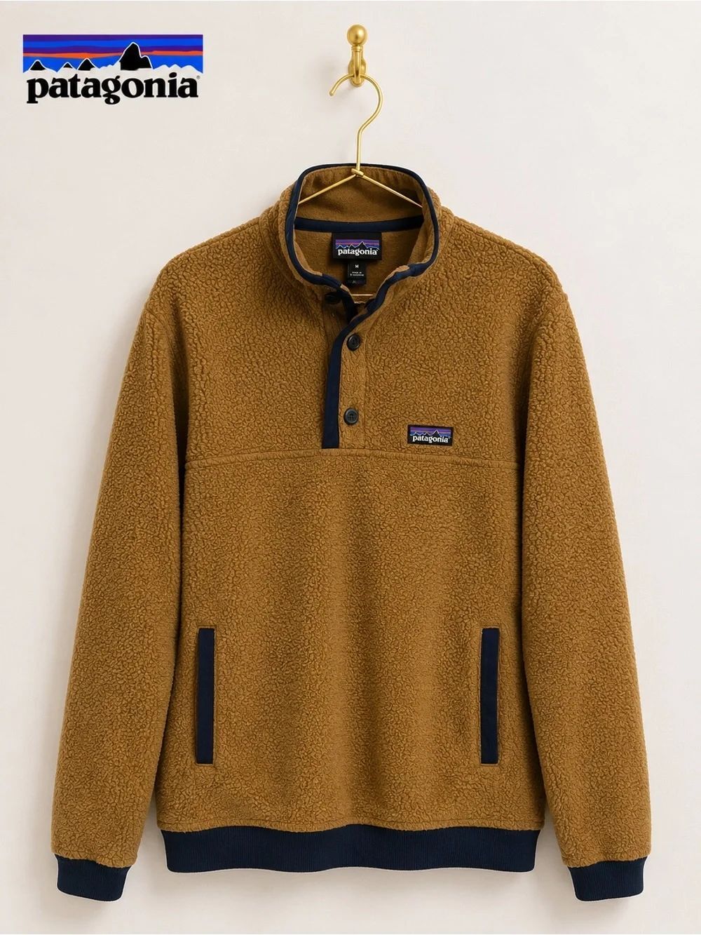 Patagonia Reclaimed Fleece Pullover Tan Navy Snap Front Size Medium